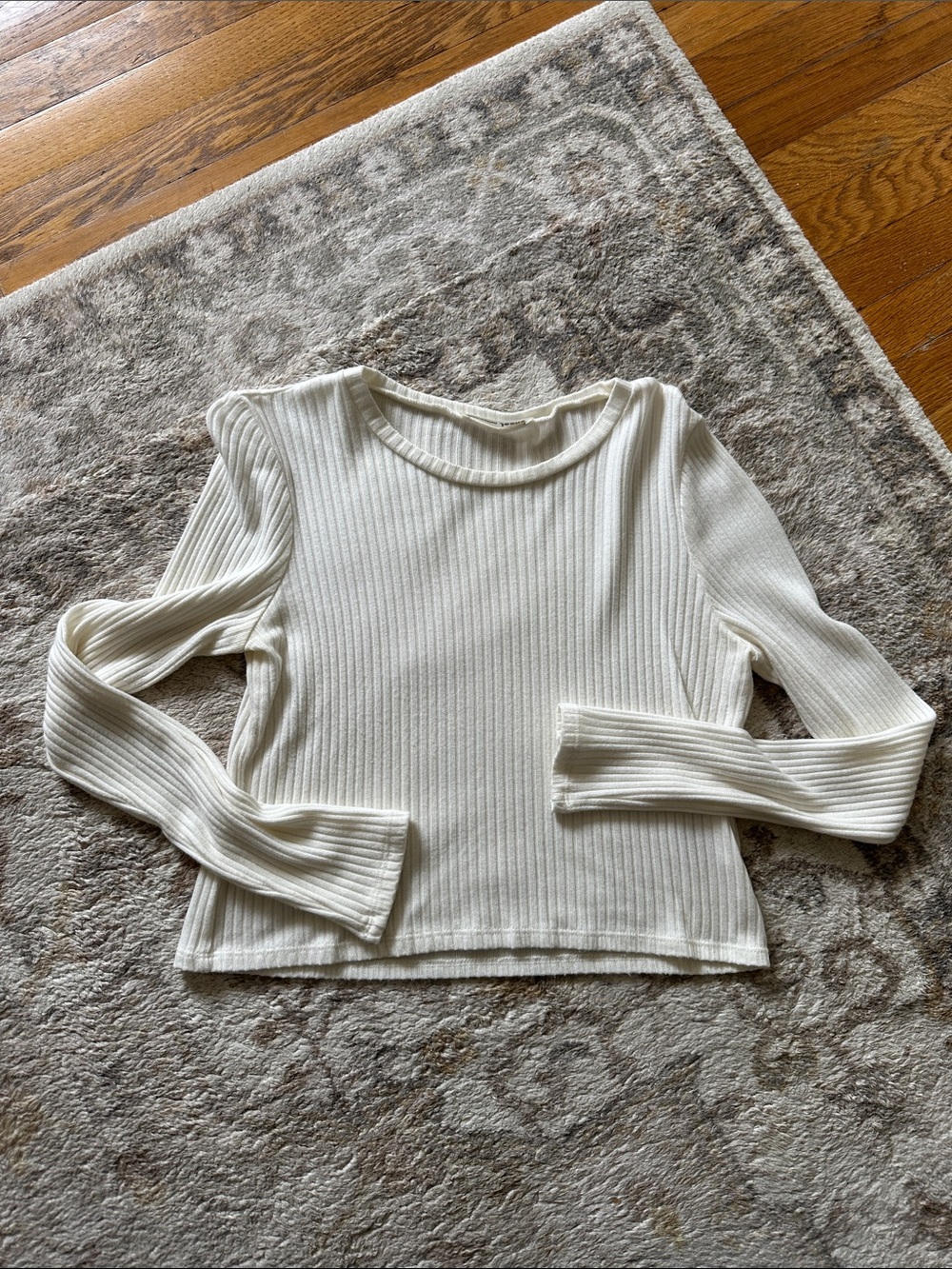 Reformation Jackie Cream Ribbed Long-Sleeve Crewneck Top Cropped